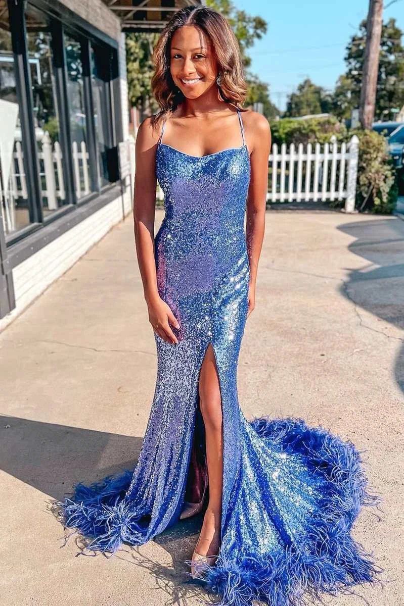 Blue Sequin Feather Back Mermaid Sparkly Long Prom Dress with Slit PSK419 by pgmdress