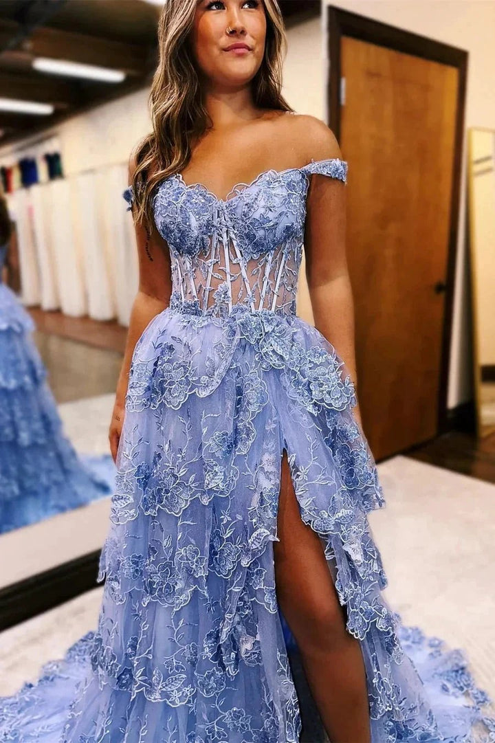 Blue Tulle Appliques Off-the-Shoulder Ruffle Long Prom Dress PSK478 by pgmdress