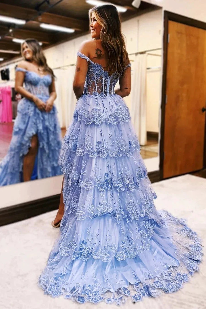 Blue Tulle Appliques Off-the-Shoulder Ruffle Long Prom Dress PSK478 by pgmdress