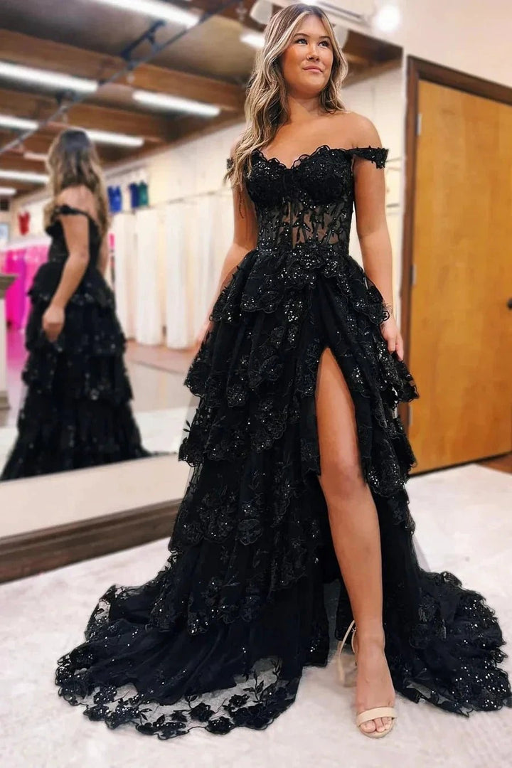 Blue Tulle Appliques Off-the-Shoulder Ruffle Long Prom Dress PSK478 by pgmdress