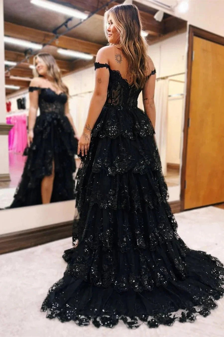 Blue Tulle Appliques Off-the-Shoulder Ruffle Long Prom Dress PSK478 by pgmdress