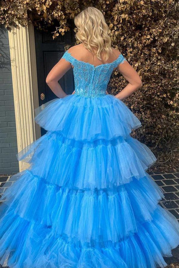 Blue Tulle Lace Off-the-Shoulder High-Low Tiered Prom Dress PSK397 by pgmdress