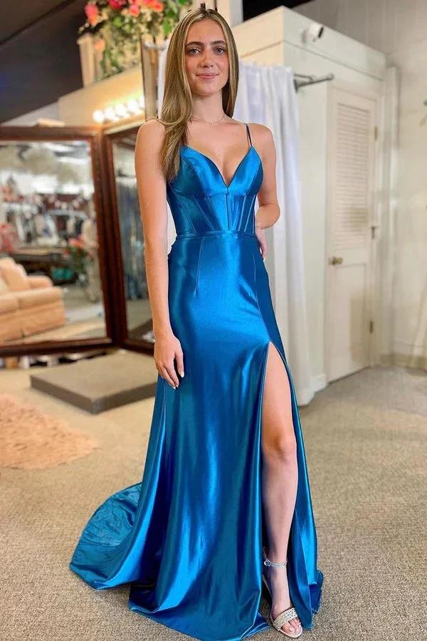 Blue V-Neck Mermaid Spaghetti Strap Long Prom Dress with Slit PSK448 by pgmdress