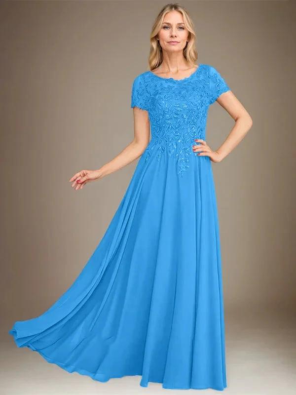 A-Line Scoop Floor-Length Chiffon Mother of the Bride Dress With Applique &amp; Sequins by Dreamylily