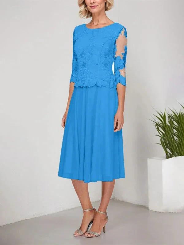 A-line Scoop Tea-Length Lace Chiffon Mother of the Bride Dress With Embroidery by Dreamylily