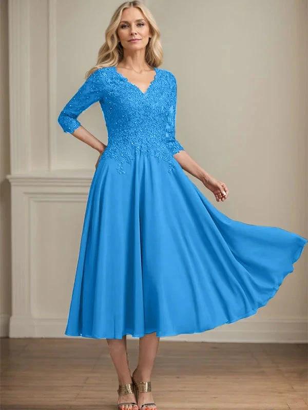 A-line V-Neck Tea-Length Chiffon Lace Mother of the Bride Dress With Beading Sequins by Dreamylily