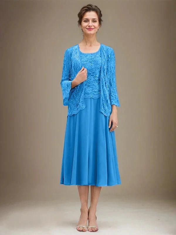 A-line Scoop Tea-Length Lace Chiffon Mother of the Bride Dress With Sequins by Dreamylily