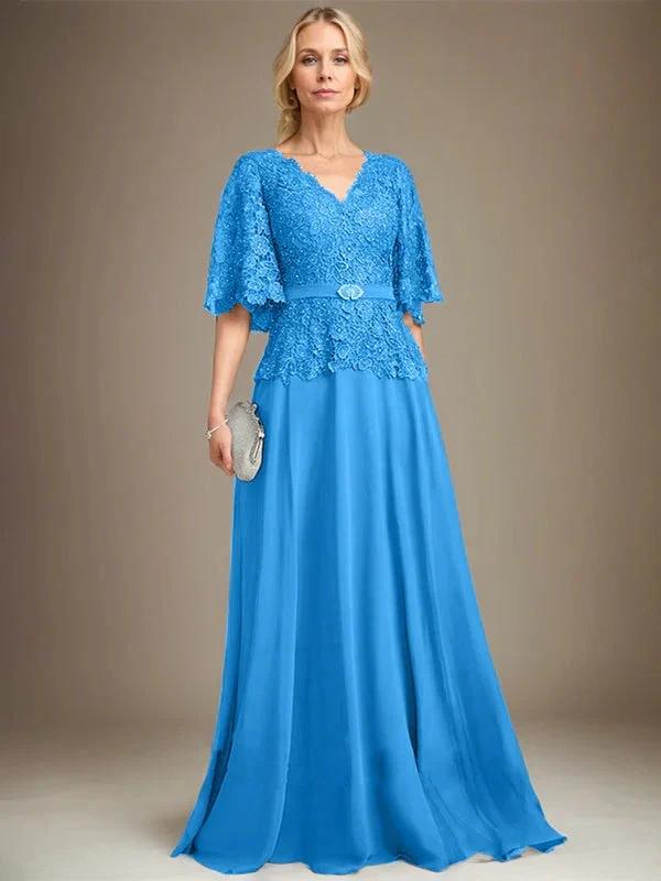 A-line V-Neck Floor-Length Chiffon Lace Mother of the Bride Dress With Crystal Brooch Rhinestone by Dreamylily