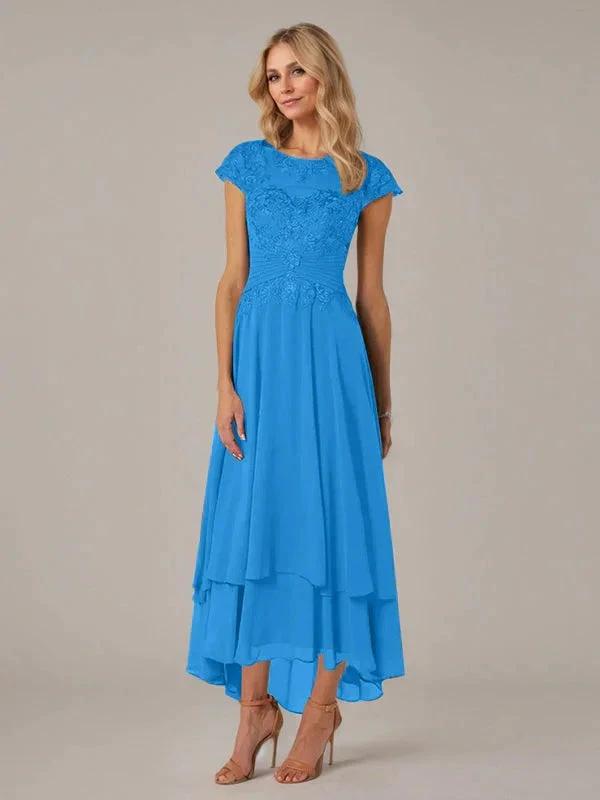 A-line Boat Neck Illusion Asymmetrical Chiffon Lace Mother of the Bride Dress With Applique Pleats by Dreamylily