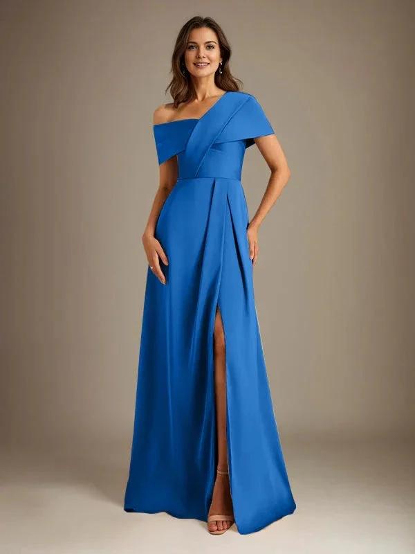 A-Line Asymmetrical Neckline Floor-Length Satin Mother of the Bride Dress With Pleated by Dreamylily