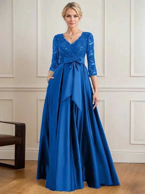 A-line V-Neck Floor-Length Satin Lace Mother of the Bride Dress With Sequins Bow by Dreamylily