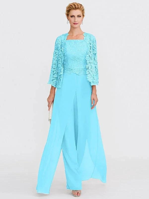 3 Piece Chiffon Square Neck Mother of the Bride Pantsuits with Jacket by Dreamylily