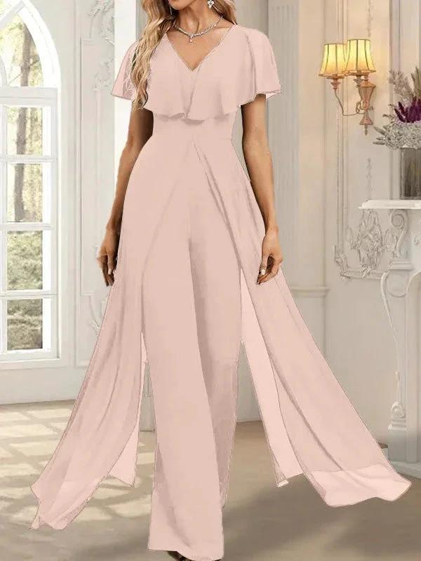 Jumpsuit/Pantsuit V-Neck Floor-Length Chiffon Evening Dress by Dreamylily