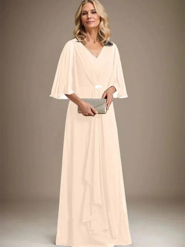 A-line V-Neck Floor-Length Chiffon Mother of the Bride Dress With Cascading Ruffles Crystal Brooch by Dreamylily