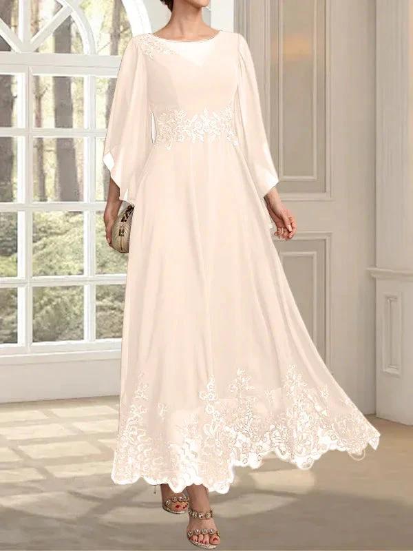 A-line Scoop Illusion Ankle-Length Lace Chiffon Mother of the Bride Dress With Sequins by Dreamylily