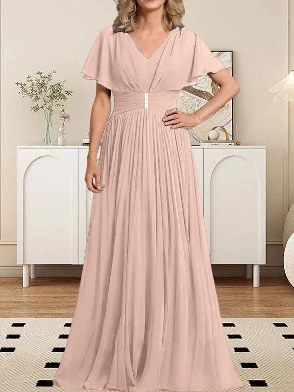 A-line V-Neck Floor-Length Chiffon Mother of the Bride Dress With Crystal Brooch Pleated by Dreamylily