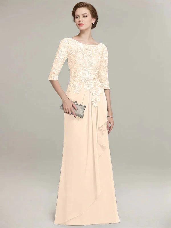 A-line Scoop Illusion Floor-Length Lace Chiffon Mother of the Bride Dress With Cascading Ruffles by Dreamylily