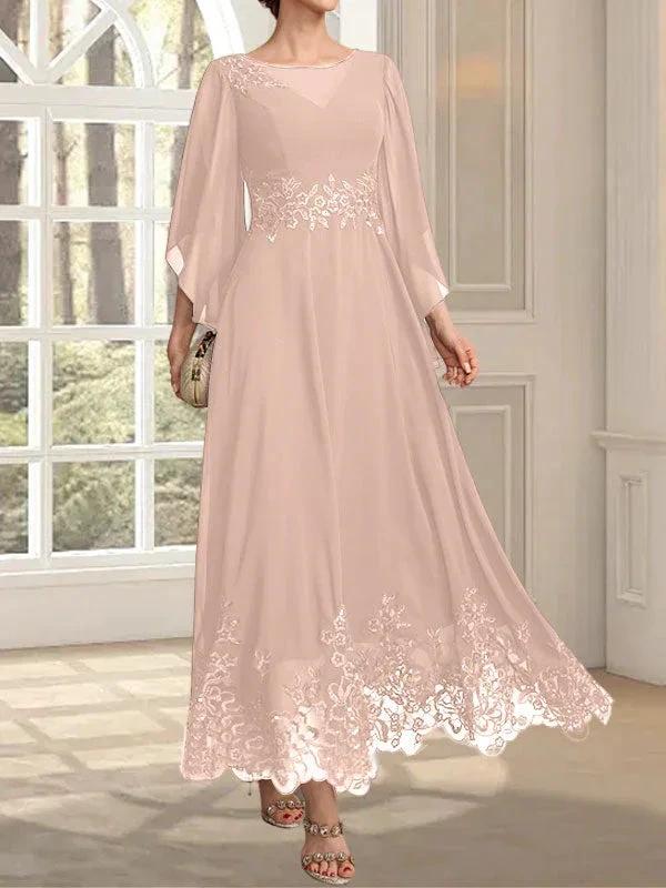 A-line Scoop Illusion Ankle-Length Lace Chiffon Mother of the Bride Dress With Sequins by Dreamylily