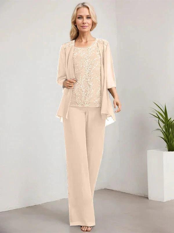 Separates Jumpsuit/Pantsuit Scoop Floor-Length Lace Chiffon Mother of the Bride Dress With Sequins by Dreamylily