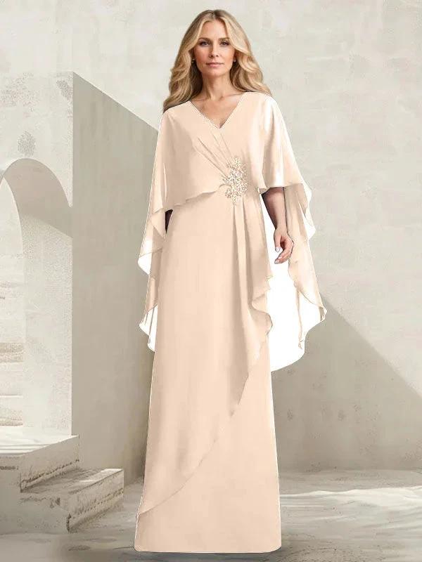 A-line V-Neck Floor-Length Chiffon Mother of the Bride Dress With Cascading Ruffles Beading by Dreamylily