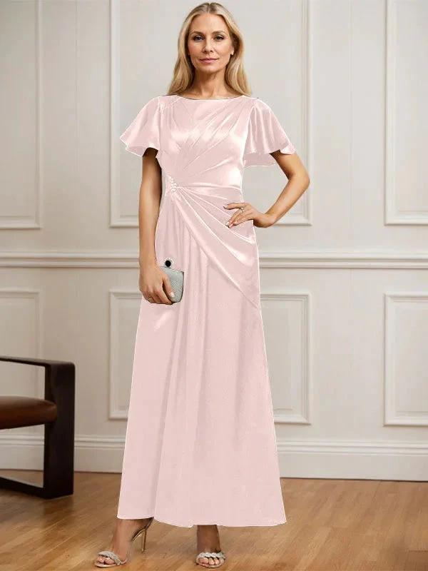 A-line Scoop Ankle-Length Stretch Satin Mother of the Bride Dress With Pleated Beading by Dreamylily