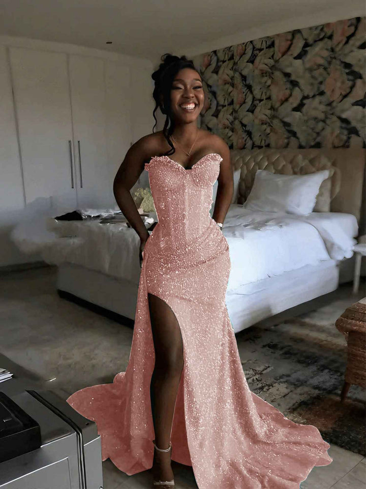 Glitter Strapless Mermaid Sequined Long Prom Dress with Slit