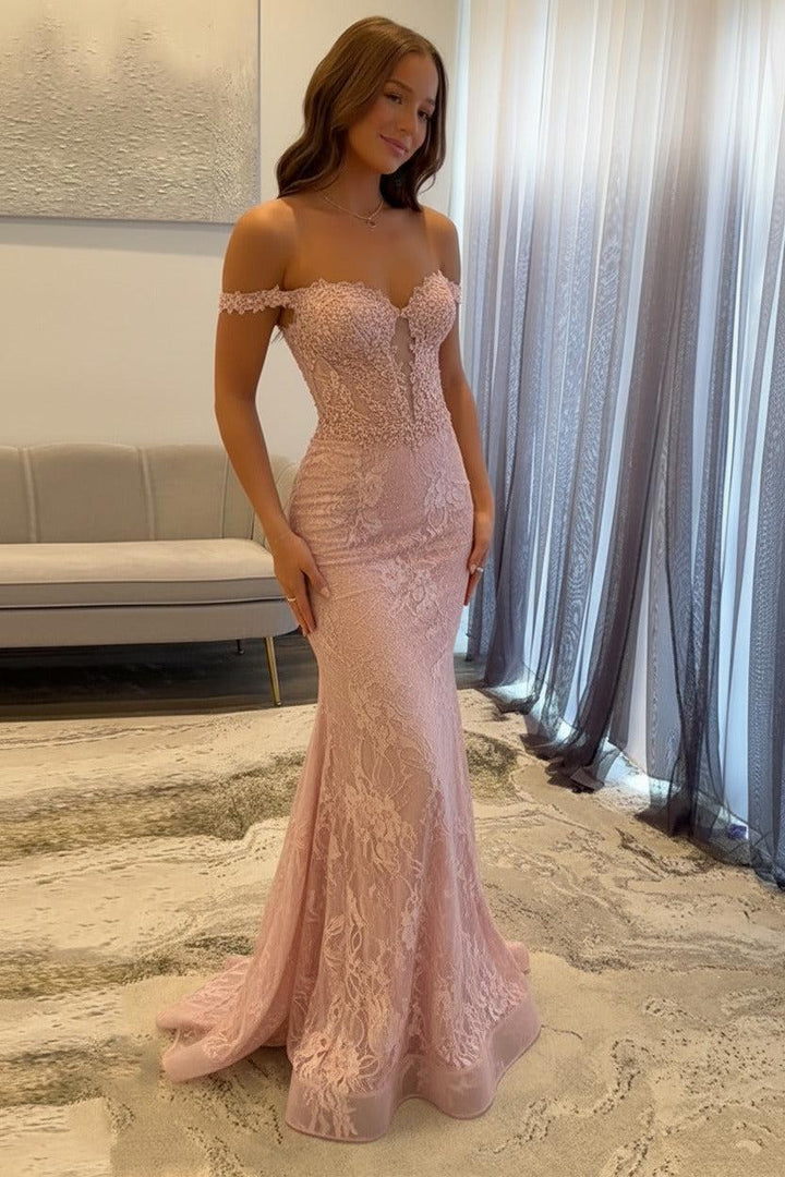 Navy Prom Dress Off The Shoulder Mermaid Long Lace Formal Dress