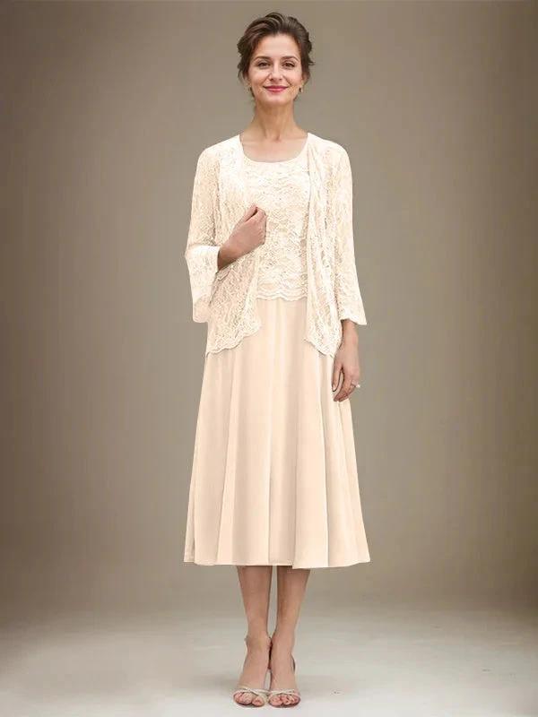 A-line Scoop Tea-Length Lace Chiffon Mother of the Bride Dress With Sequins by Dreamylily