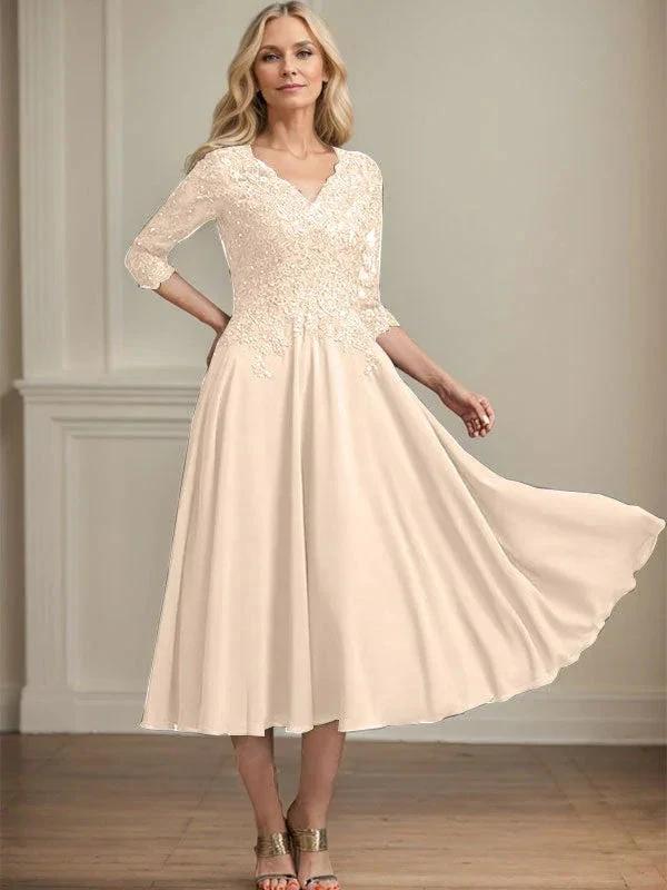 A-line V-Neck Tea-Length Chiffon Lace Mother of the Bride Dress With Beading Sequins by Dreamylily