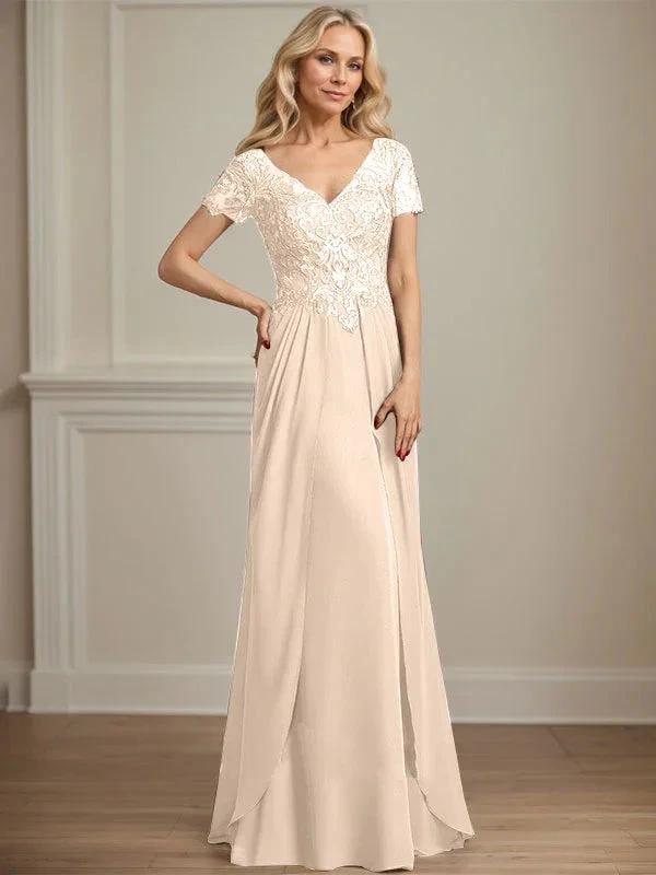 A-line V-Neck Floor-Length Chiffon Lace Mother of the Bride Dress by Dreamylily