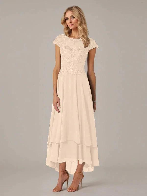 A-line Boat Neck Illusion Asymmetrical Chiffon Lace Mother of the Bride Dress With Applique Pleats by Dreamylily