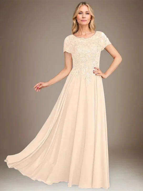 A-Line Scoop Floor-Length Chiffon Mother of the Bride Dress With Applique &amp; Sequins by Dreamylily