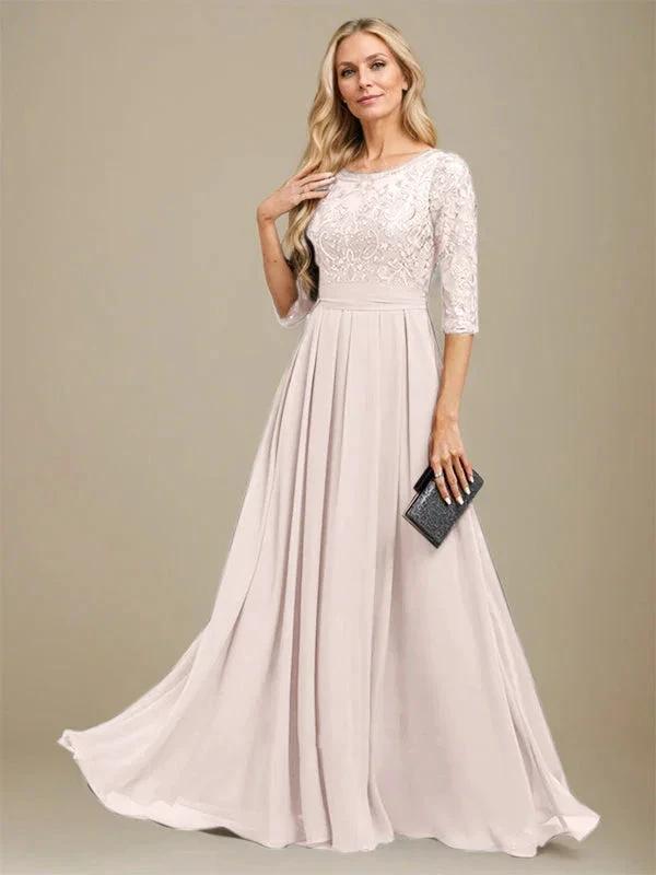 A-Line Scoop Floor-Length Lace Chiffon Mother Of the Bride Dress With Sequins Applique by Dreamylily