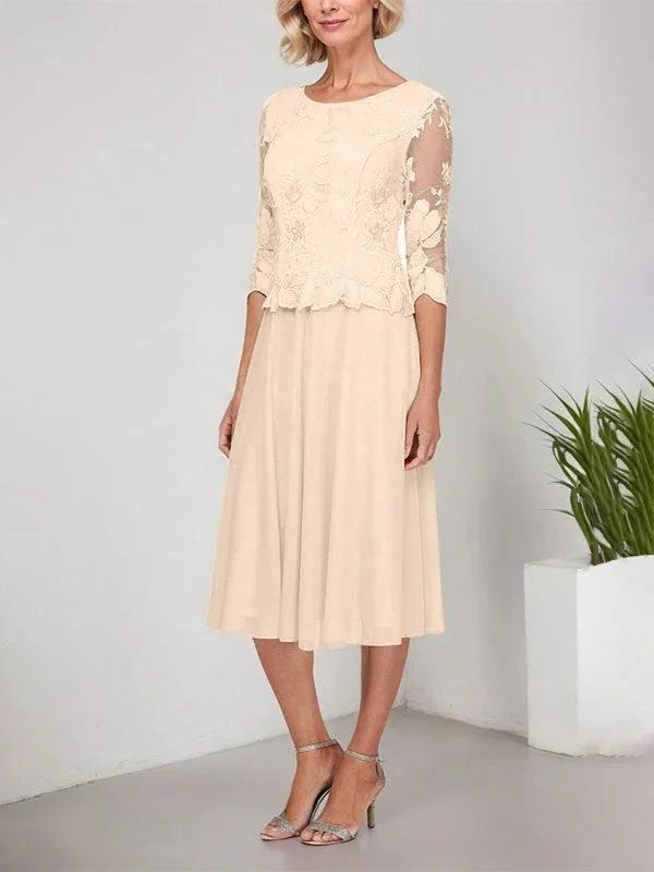A-line Scoop Tea-Length Lace Chiffon Mother of the Bride Dress With Embroidery by Dreamylily