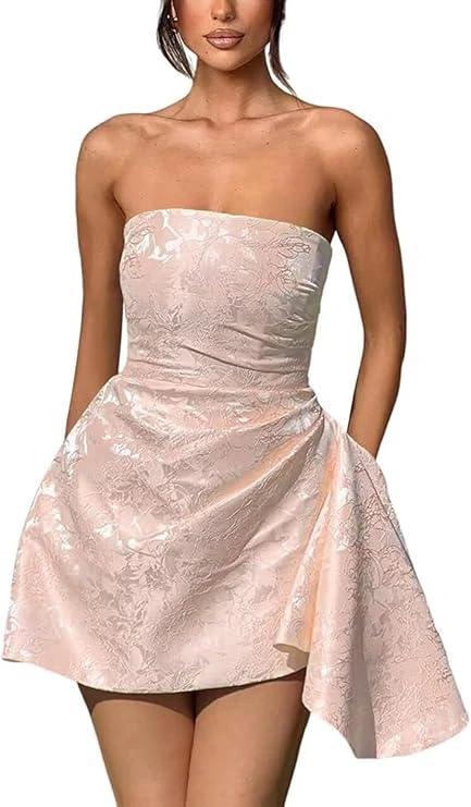 A-line Strapless Sleeveless Short Homecoming Dress Jacquard Satin Asymmetrical Lace up Party Dresses by Biztunnel