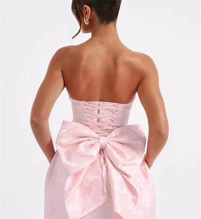 Strapless Short Ball Gown Homecoming Dress Sleeveless Lace up Jacquard Satin Party Dresses with Bow by Biztunnel