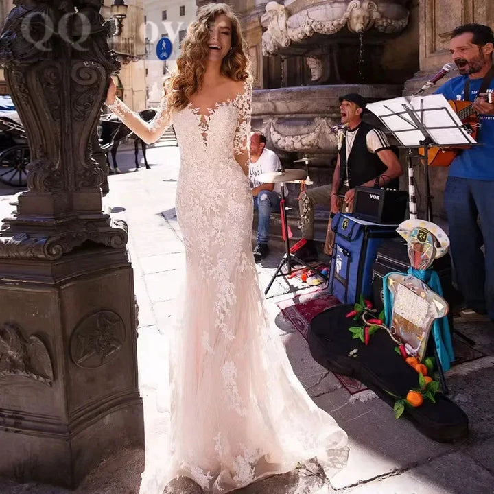 BoHo Mermaid Wedding Dress Sexy V-neck Vestidos De Novia Appliques Long Sleeves Vestido De Noiva Elegant Lace Robe De Mariée by payinti