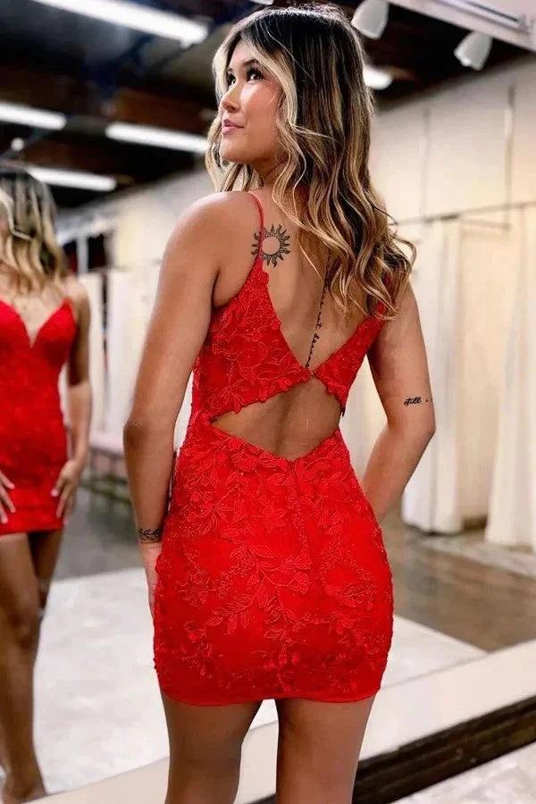 Bodycon Spaghetti Straps Red Homecoming Dress With Aqqliques PD522 by pgmdress