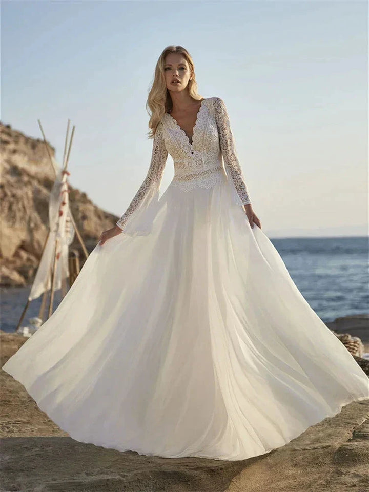 Bohemian A Line Chiffon Wedding Dresses 2024 V Neck Long Sleeve Lace Applique Backless For Women Bridal Gown Vestidos De Novia by payinti