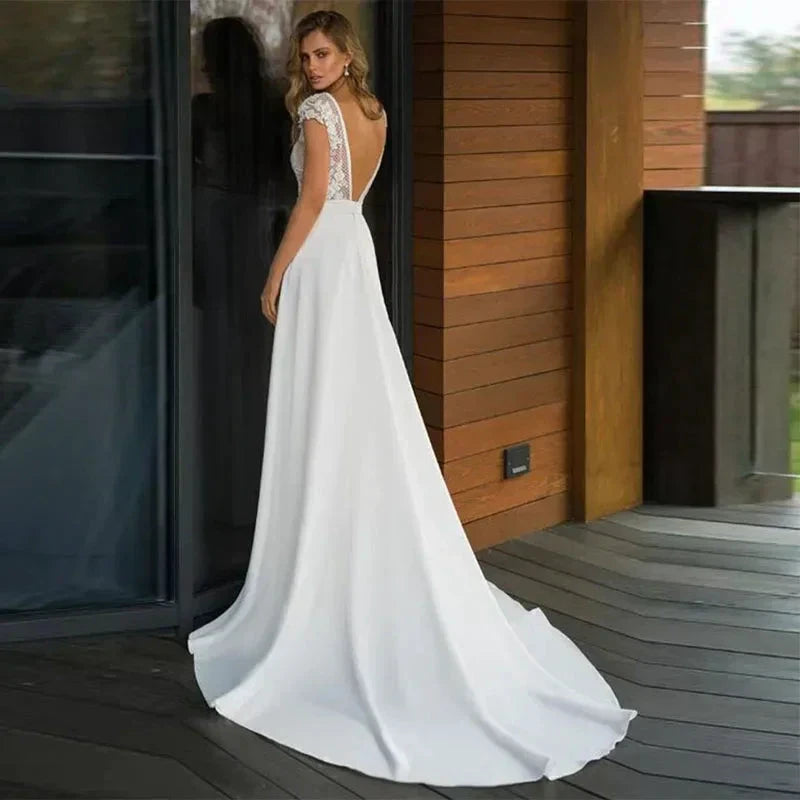 Bohemian Deep V-neck Bridal Dresses 2024 Elegant Lace Sticking Flora Back Chiffon Wedding Gowns De Mariée Customized Robe De by payinti