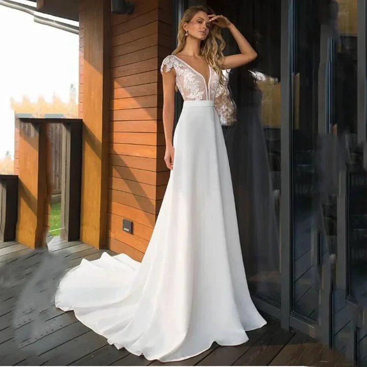 Bohemian Deep V-neck Bridal Dresses 2024 Elegant Lace Sticking Flora Back Chiffon Wedding Gowns De Mariée Customized Robe De by payinti