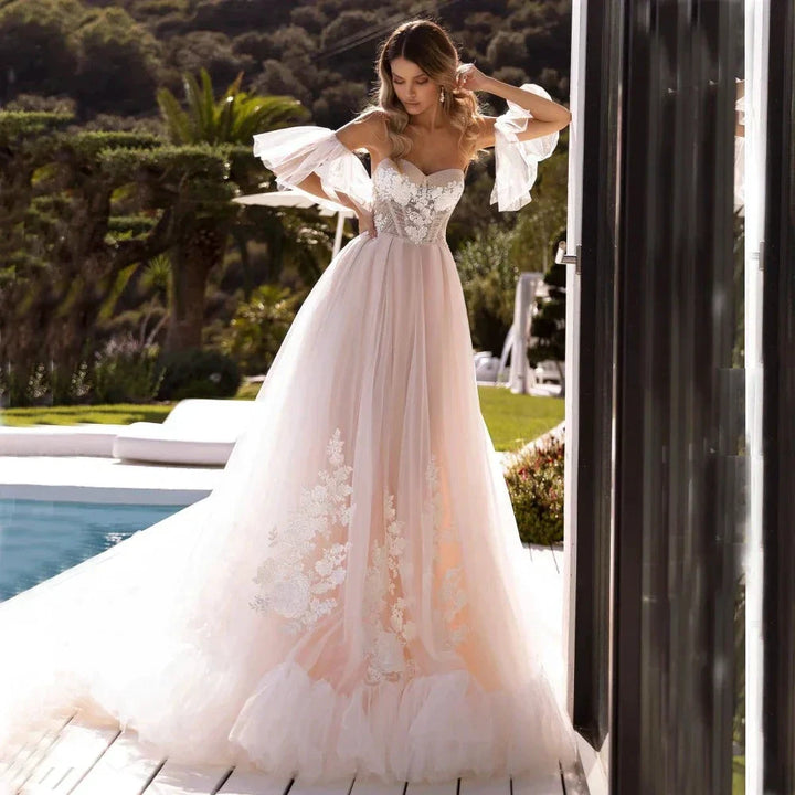 Bohemian Tulle Applique A-Line Wedding Dress With Detachable Sleeves Bridal Gownes Elegant Women&