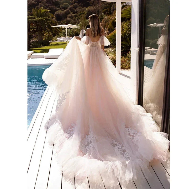 Bohemian Tulle Applique A-Line Wedding Dress With Detachable Sleeves Bridal Gownes Elegant Women&