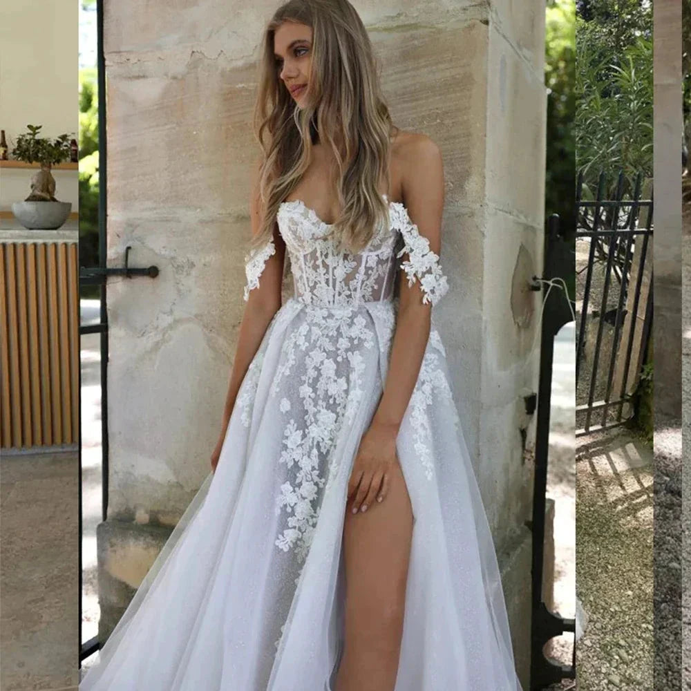 Bohemian Wedding Dresses Women's Sexy and Elegant Side High Split Tulle Lace Applique Off Shoulder Princess Bridal Gowns De by payinti