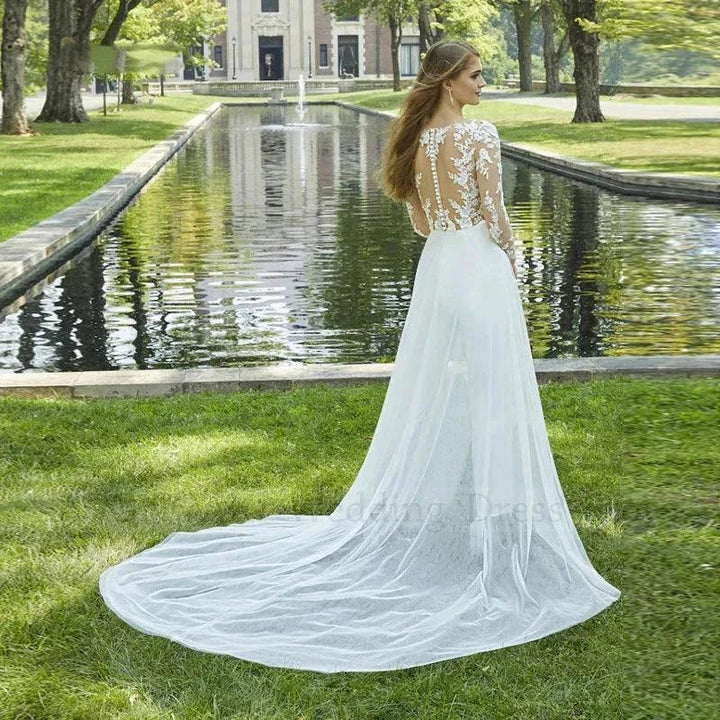 Boho 2 In 1 Lace Jumpsuit Wedding Dresses for Women Sweep Train A-Line Appliques Sexy Beach Bridal Gown Vestidos De Novia by payinti