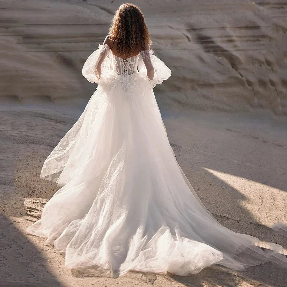Boho Detachable Off Shoulder Long Puff Sleeves Wedding Dress Sweetheart Appliques Vestido De Noiva A Line Vestidos De Novia by payinti