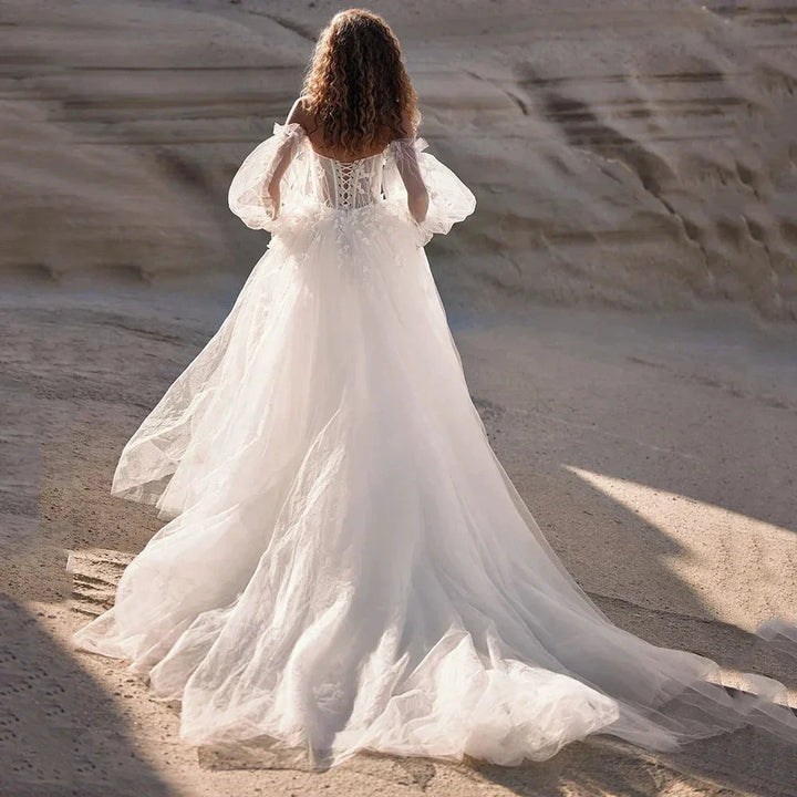 Boho Detachable Off Shoulder Long Puff Sleeves Wedding Dress Sweetheart Appliques Vestido De Noiva A Line Vestidos De Novia by payinti