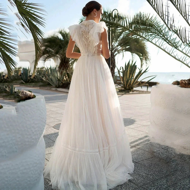 High Neck Sleeveless Wedding Dresses Lace Appliques A Line فساتين السهرة Sweep Train Bohemian New Vestidos De Novia by payinti