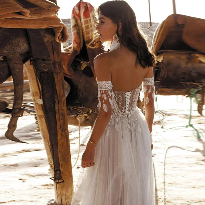 Boho Lace Tassel Tulle Beach Wedding Dresses Sweetheart Neck Off The Shoulder A-Line Illusion Lace Up Backless 2023 Bridal Gowns by payinti