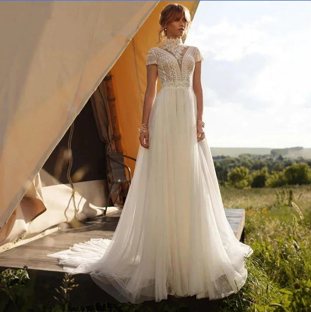 Boho Lace Tulle High Neck Wedding Dresses Women&